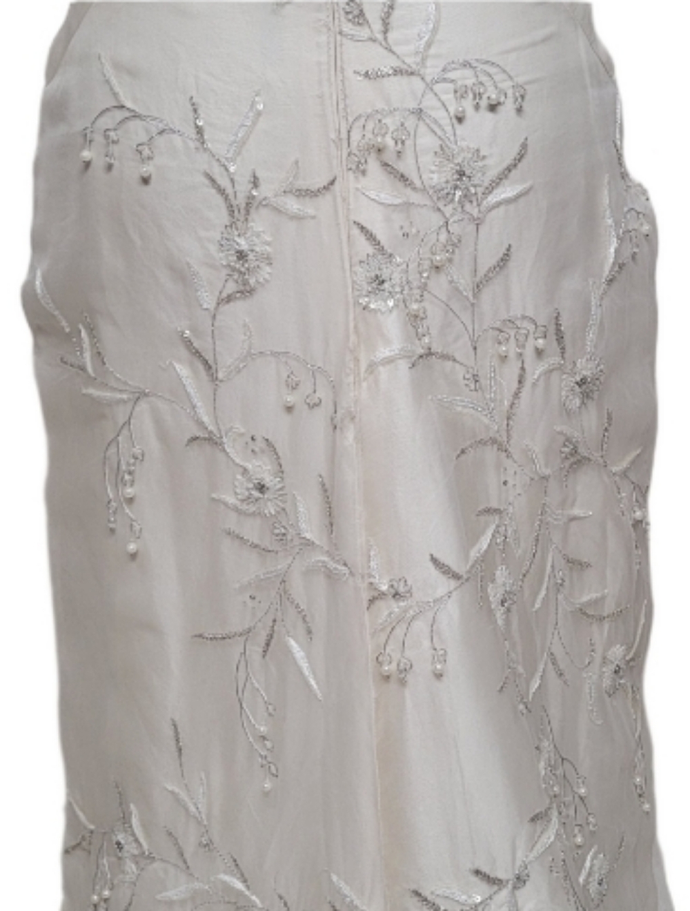 90s Vintage Lazaro Cream Silk Floral Embroidered Pearl Strapless Column Dress 10 - Picture 9 of 13